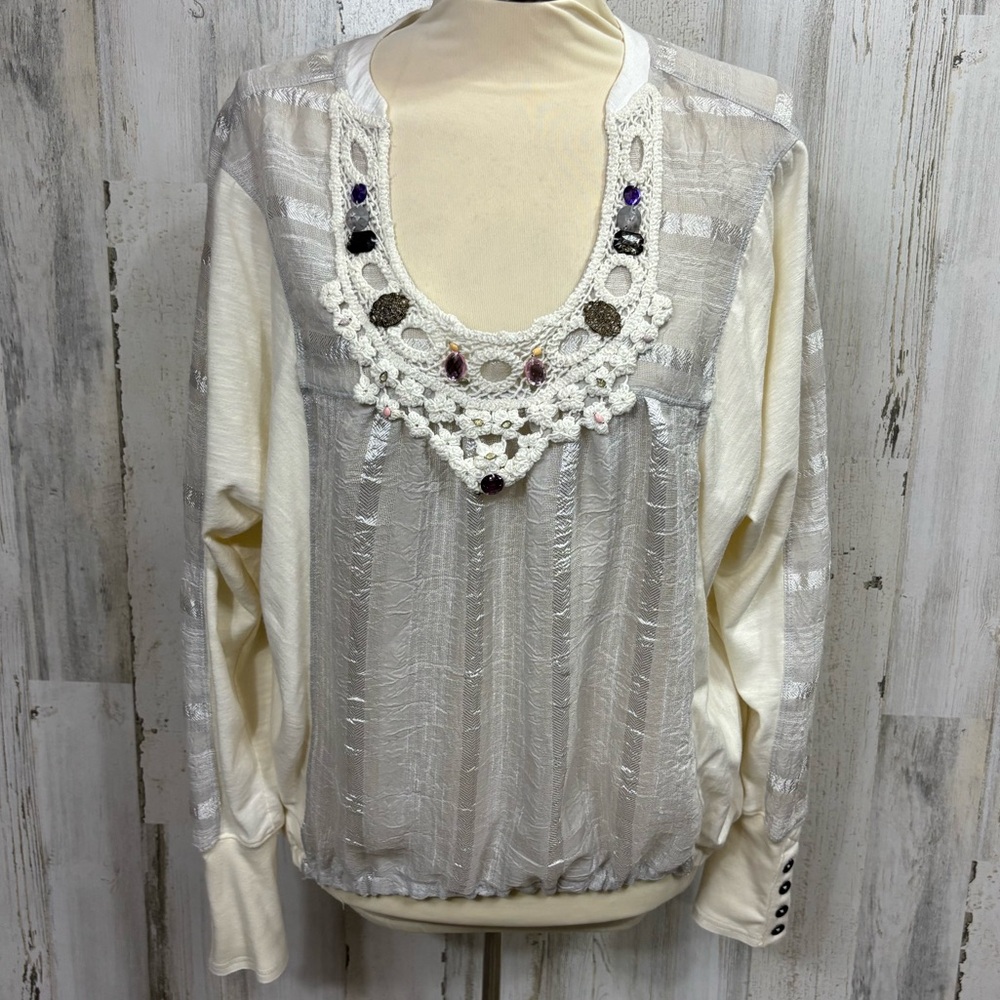 Free People Shadow Striped Beaded Crochet Neck Boho‎ Top